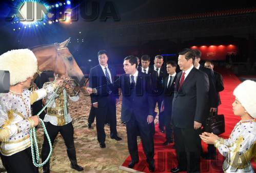 習(xí)近平接受別爾德穆哈梅多夫代表土方贈予中方的一匹汗血馬。 新華社記者 劉建生 攝