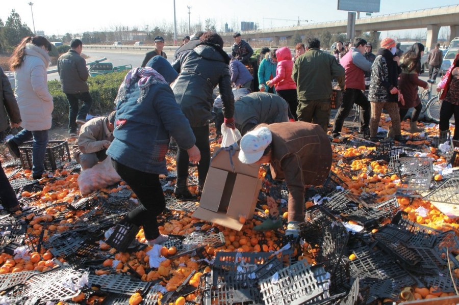 河北唐山貨車側(cè)翻35噸鮮桔遭哄搶